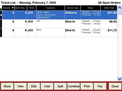 Point of Sale Order Ticket List